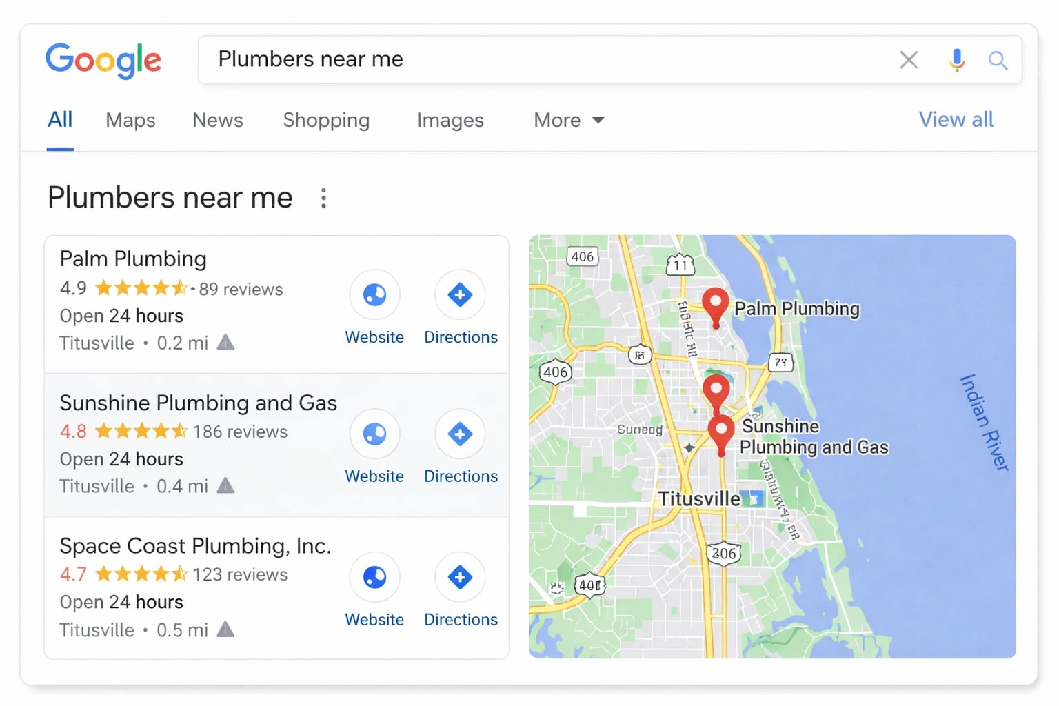 Google Maps search results showing top 3 local businesses for a service query on the Space Coast