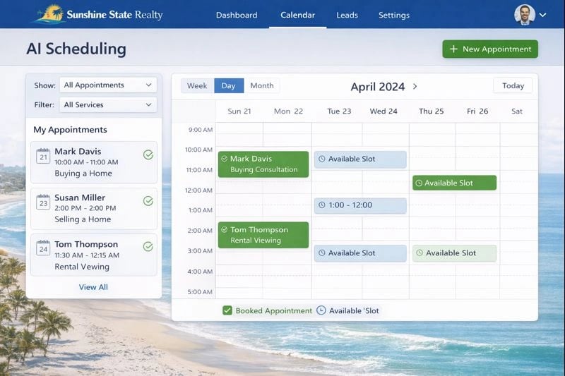 AI scheduling tool interface showing calendar integration for a Florida business