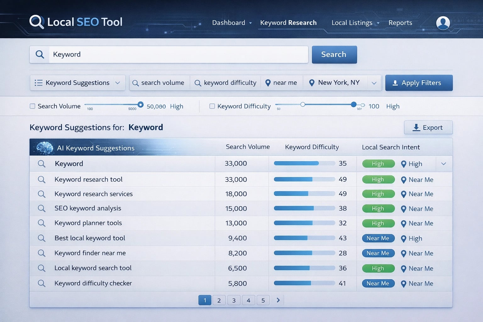 AI-powered keyword research tool interface for local business SEO