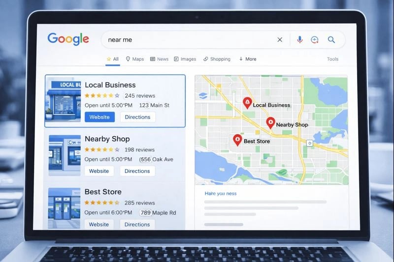 Local search results on a laptop showing 'near me' business listings and Google Maps