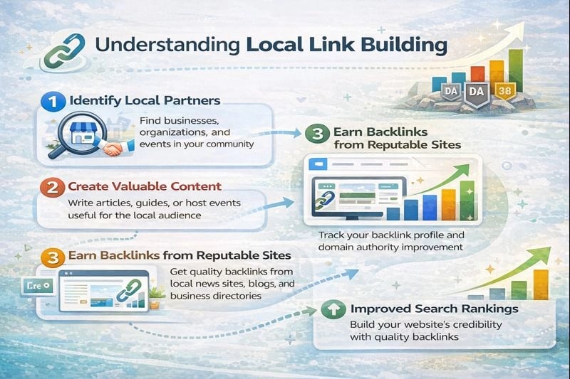 Diagram explaining the local link building process to improve website authority and search rankings