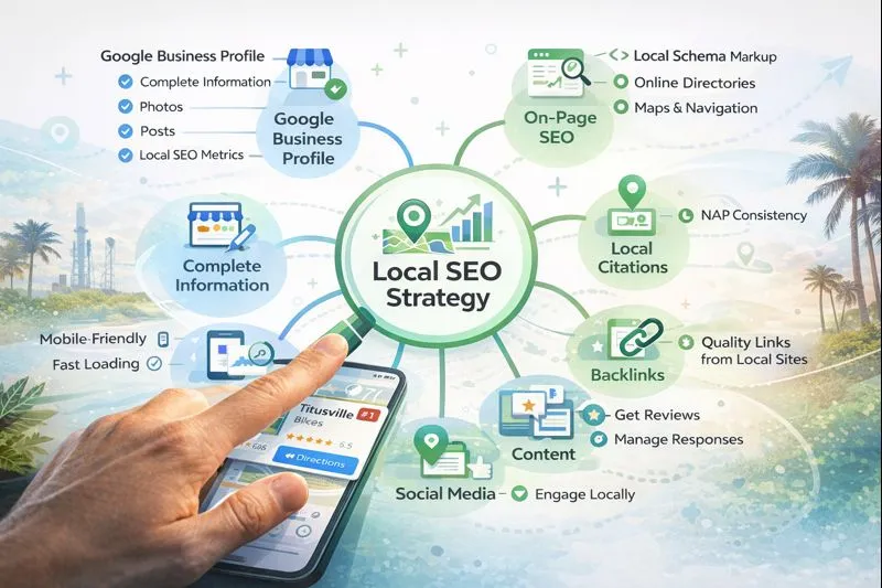 Mindmap illustrating key components of a local SEO strategy including on-page SEO, citations, and backlinks