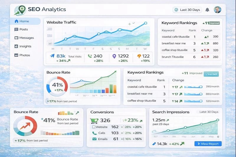 SEO analytics dashboard displaying website traffic, rankings, and performance metrics