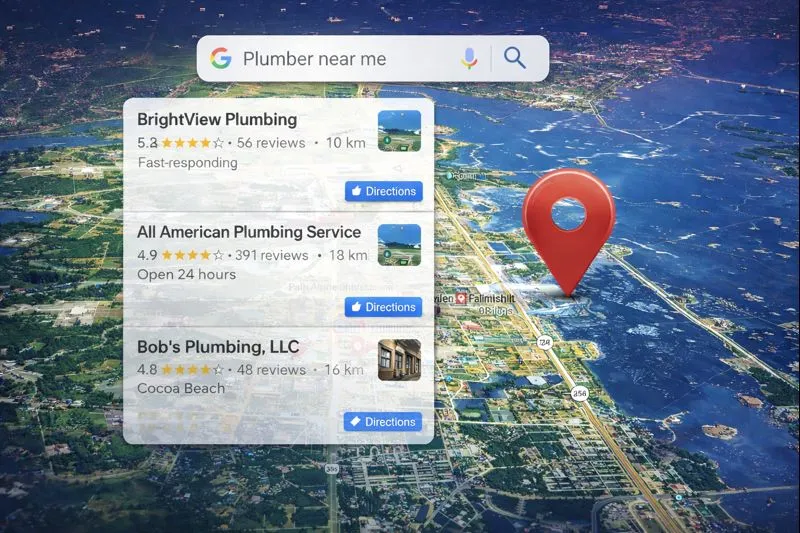 Titusville map with Google search overlay showing local business results