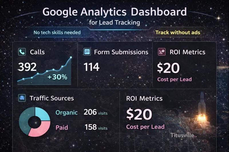 Analytics dashboard showing lead tracking metrics including calls, form submissions, and ROI for local SEO campaigns