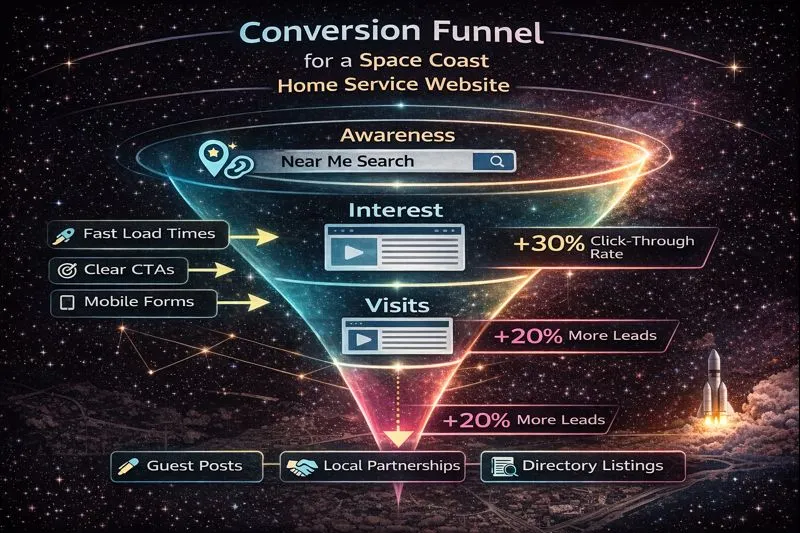 Conversion optimization funnel showing how website visitors turn into leads and booked jobs