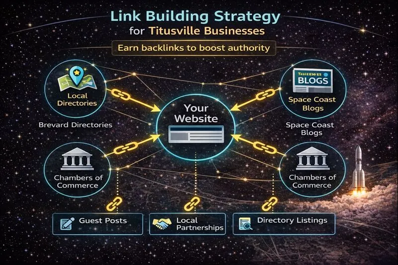 Diagram illustrating a local link building strategy using citations partnerships and local websites