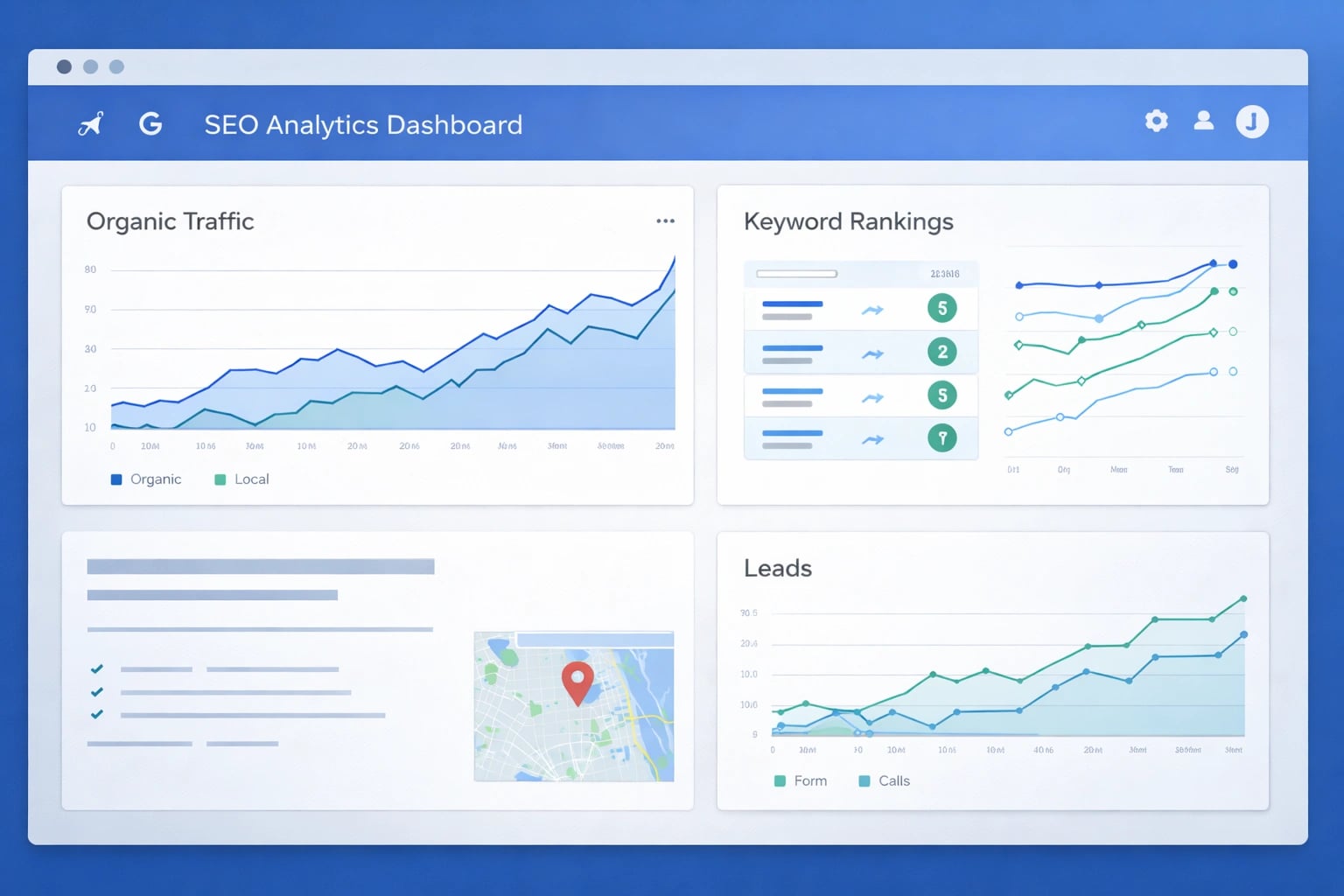 Dashboard displaying SEO metrics like organic traffic and keyword rankings for a business