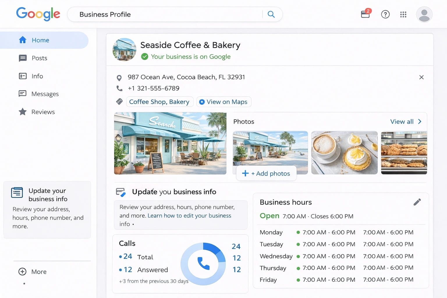 Google Business Profile dashboard showing business information for a Florida company