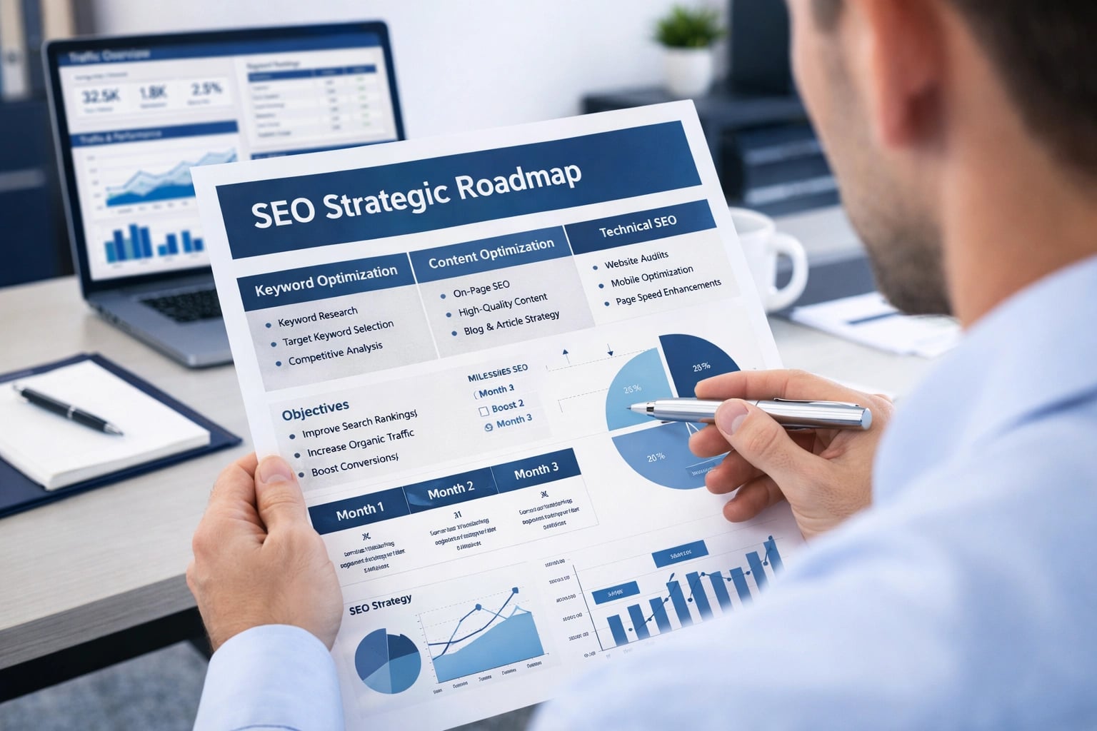SEO consultant reviewing a strategic roadmap for improving website visibility