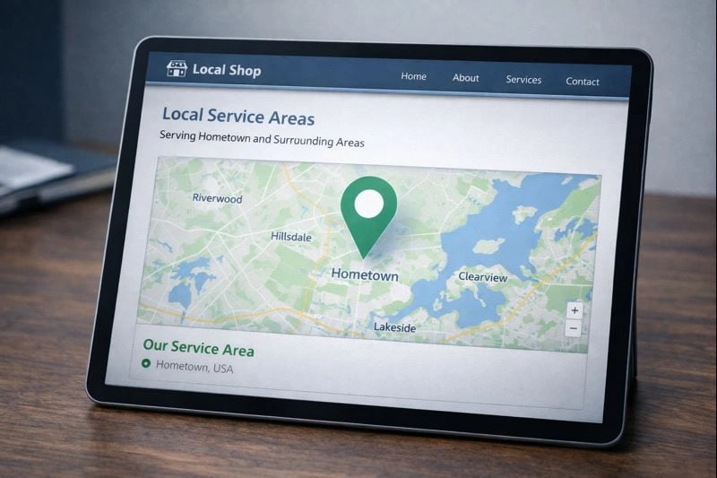 Map pin on a small business website highlighting local service areas