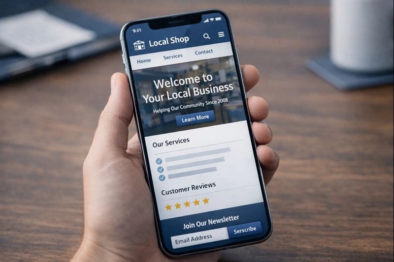 Smartphone displaying a mobile-optimized small business website with clear navigation