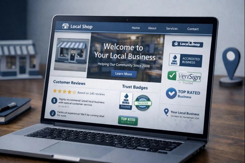 Small business website displaying customer reviews and certifications as trust signals