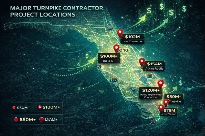 Map of Florida showing major contractor project locations and dollar amounts color-coded by contract size for Turnpike expansions