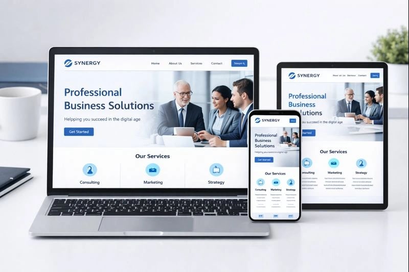 Responsive website design displayed on multiple devices including laptop and smartphone