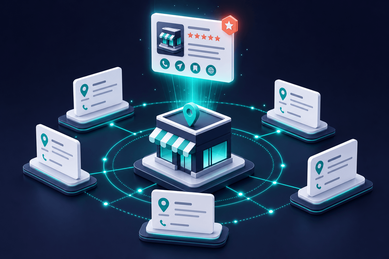Floating 3D entity cards with consistent NAP details orbiting a central business icon, glowing knowledge-panel card above, stylized regional map pins, soft navy gradient background