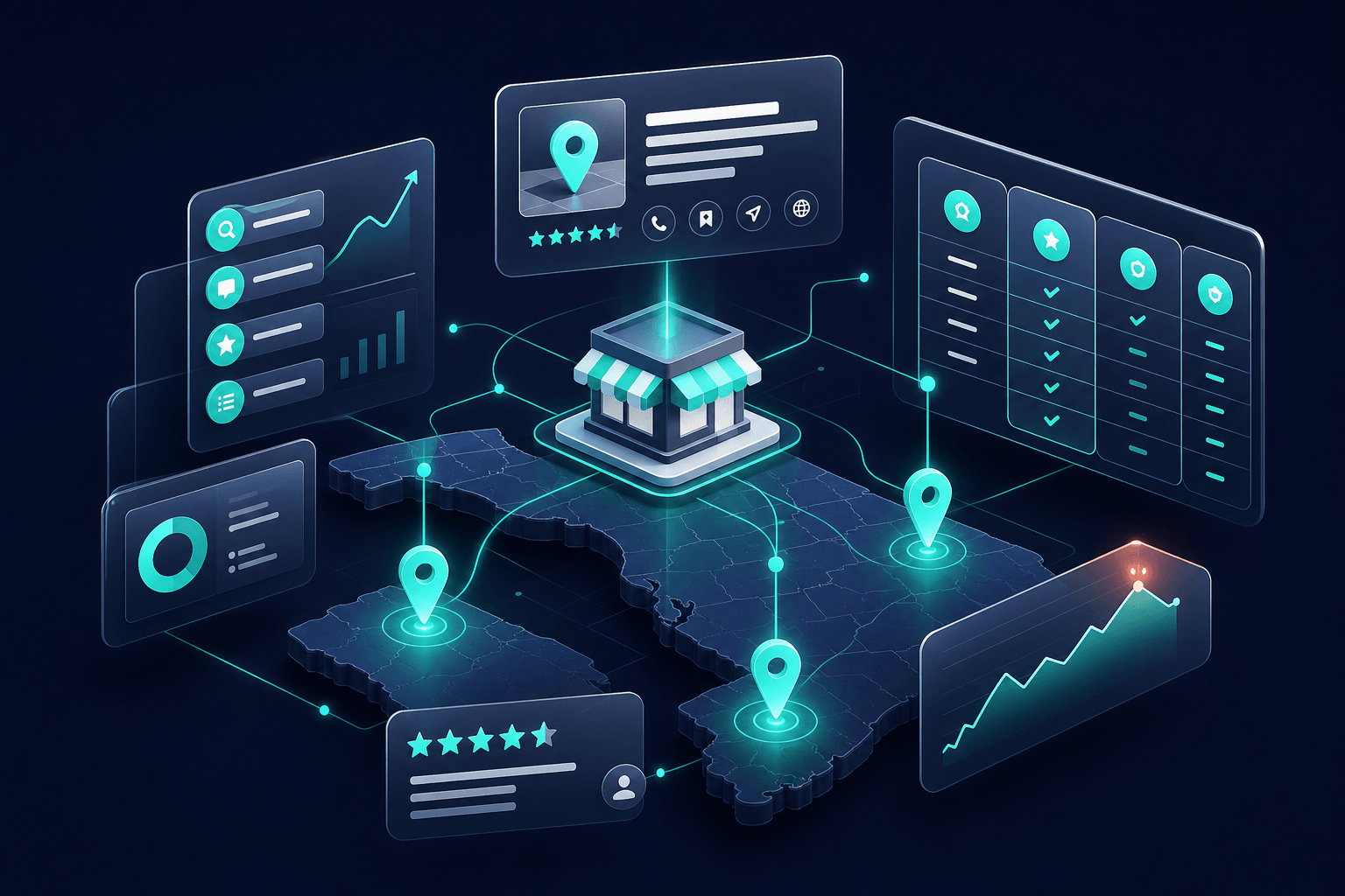 Isometric 3D layered blocks showing bullet lists and comparison tables as extractable content modules with teal connection lines and ranking sparklines, soft navy and off-white background