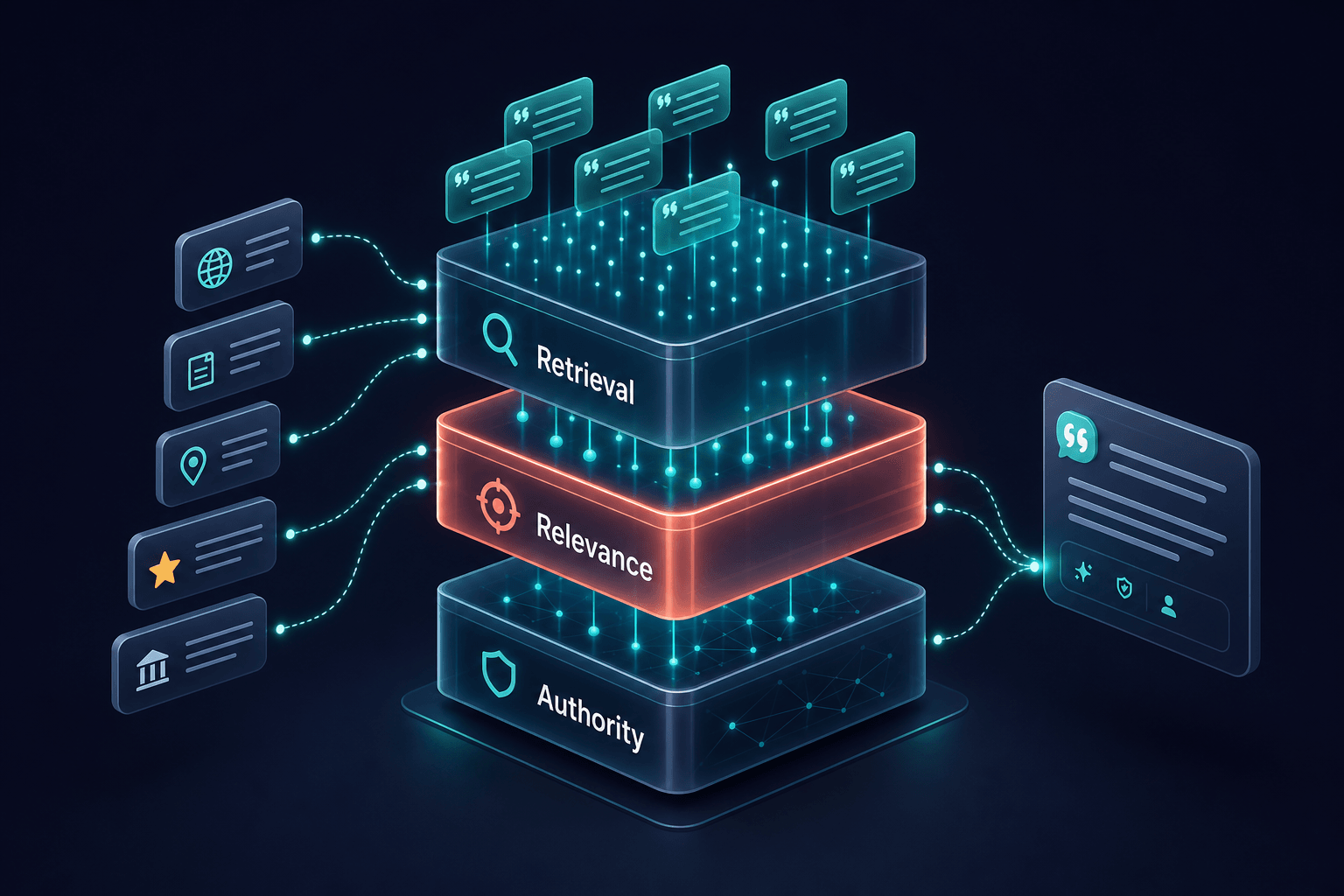 Conceptual 3D retrieval pipeline with layered blocks labeled Retrieval, Relevance, and Authority, citation bubbles flowing between stages, teal highlights on one stage, clean navy and teal palette