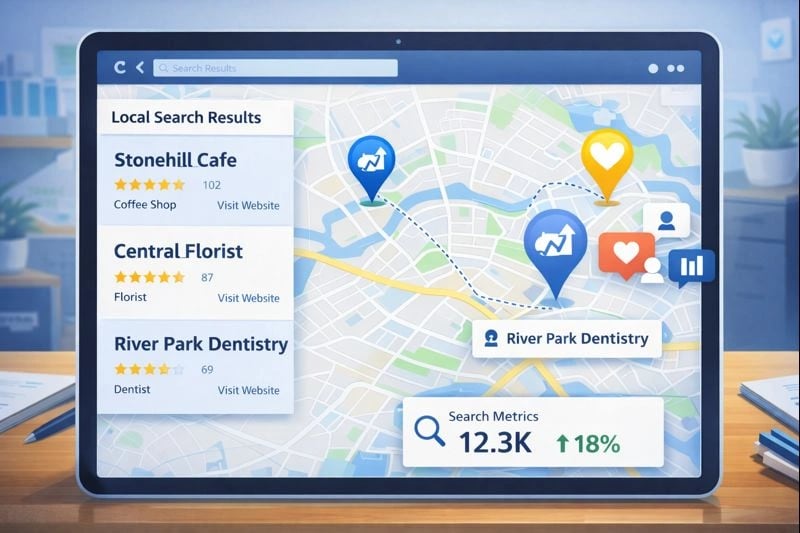 Local SEO results on a map showing increased traffic for small business websites