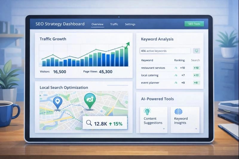 Tailored SEO strategy dashboard showing tools for increasing website traffic