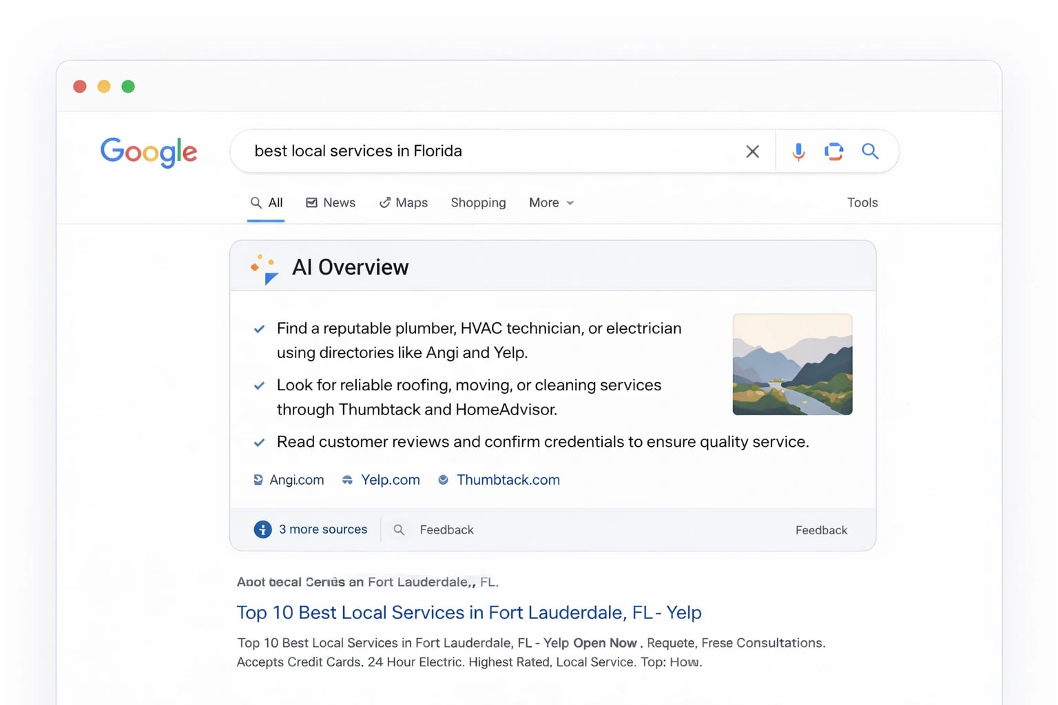 Example of Google AI Overview summary box at the top of search results for a local business query