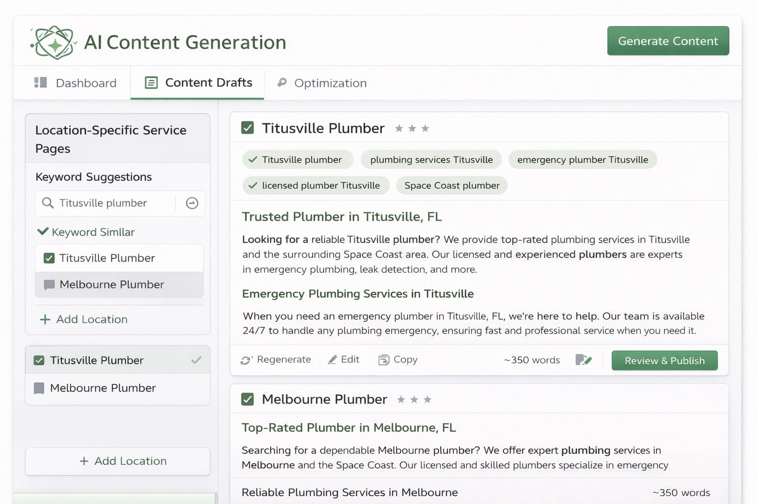 AI-generated content interface creating location-specific pages for Space Coast businesses