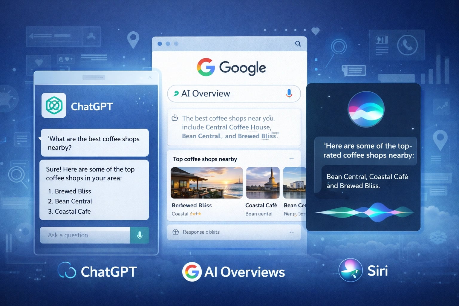 Various AI tools like ChatGPT and Google AI Overviews used by customers to find local businesses
