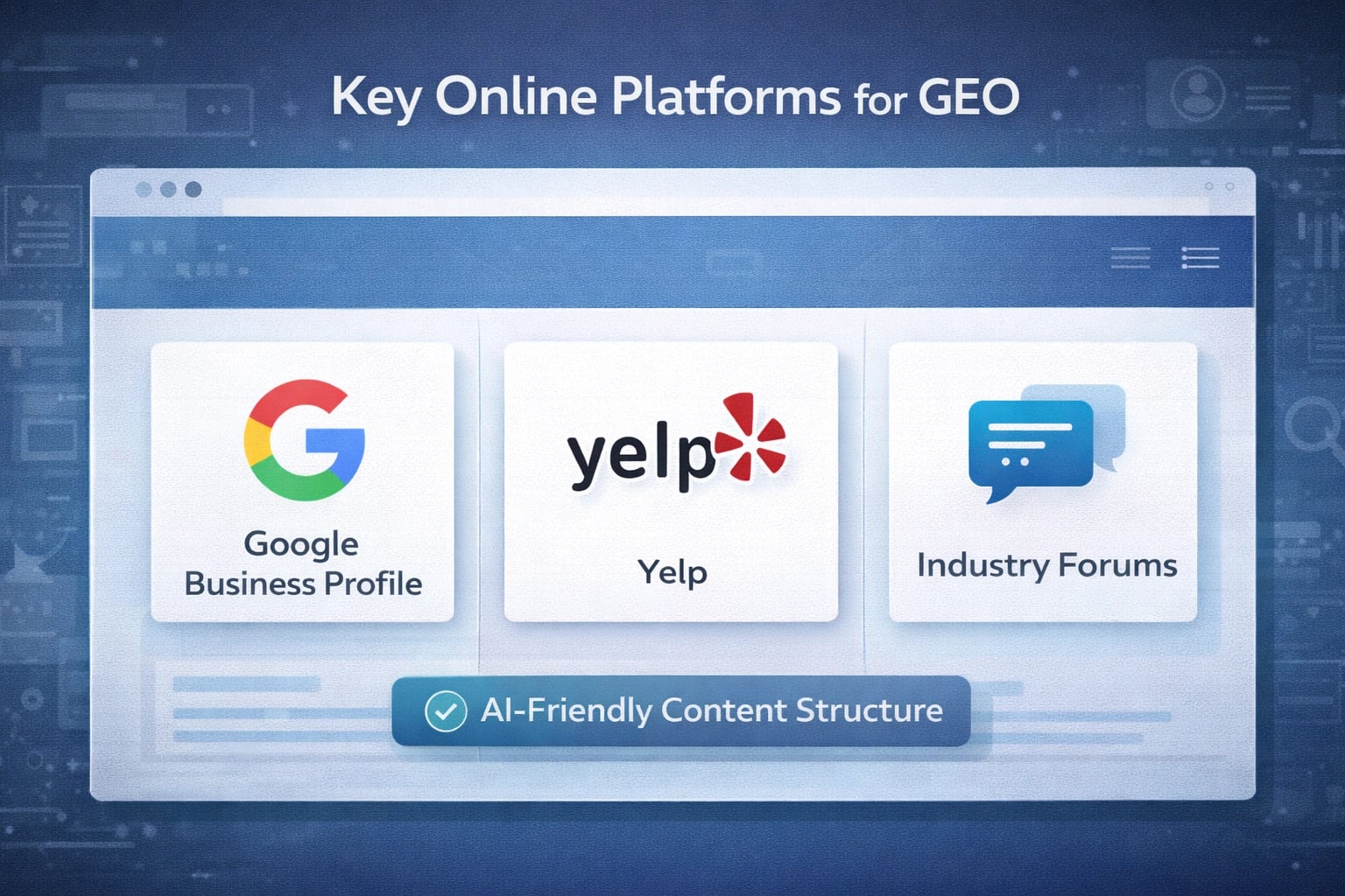 Key online platforms for GEO like Google Business Profile and Yelp for local businesses