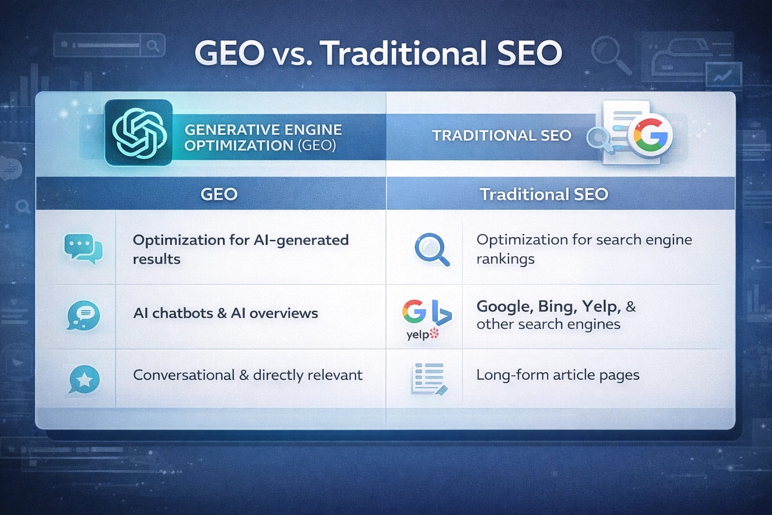 Comparison chart of GEO versus traditional SEO strategies for small businesses