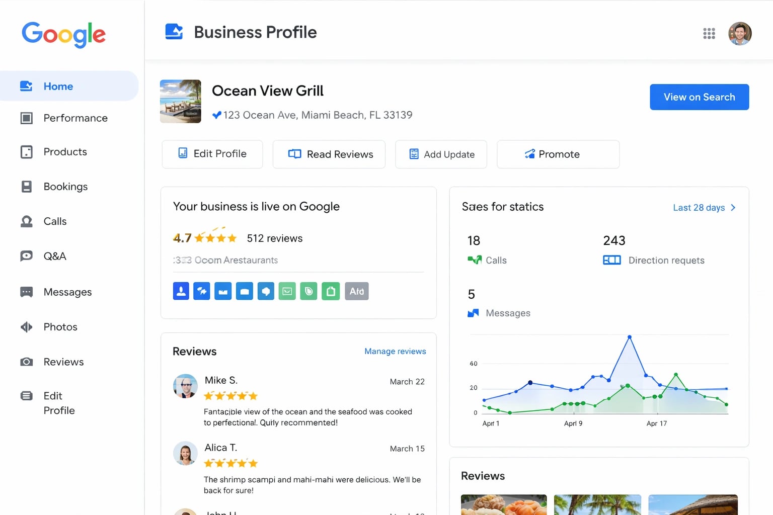 Google Business Profile dashboard for local business optimization