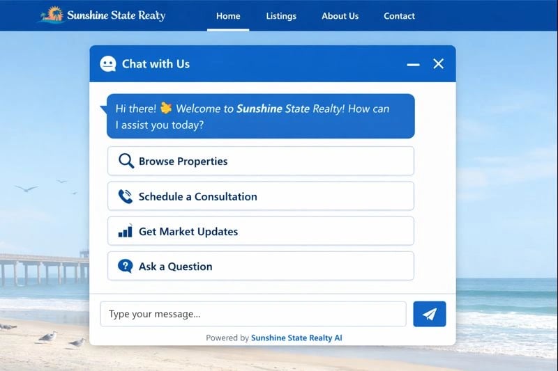 AI chatbot interface on a website for a Florida business answering customer inquiries
