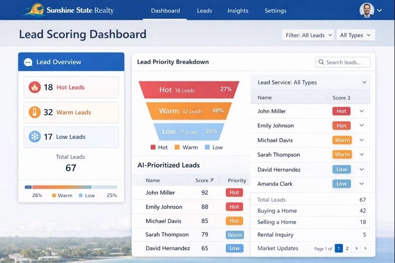 Dashboard showing AI lead scoring for a Florida business with prioritized leads