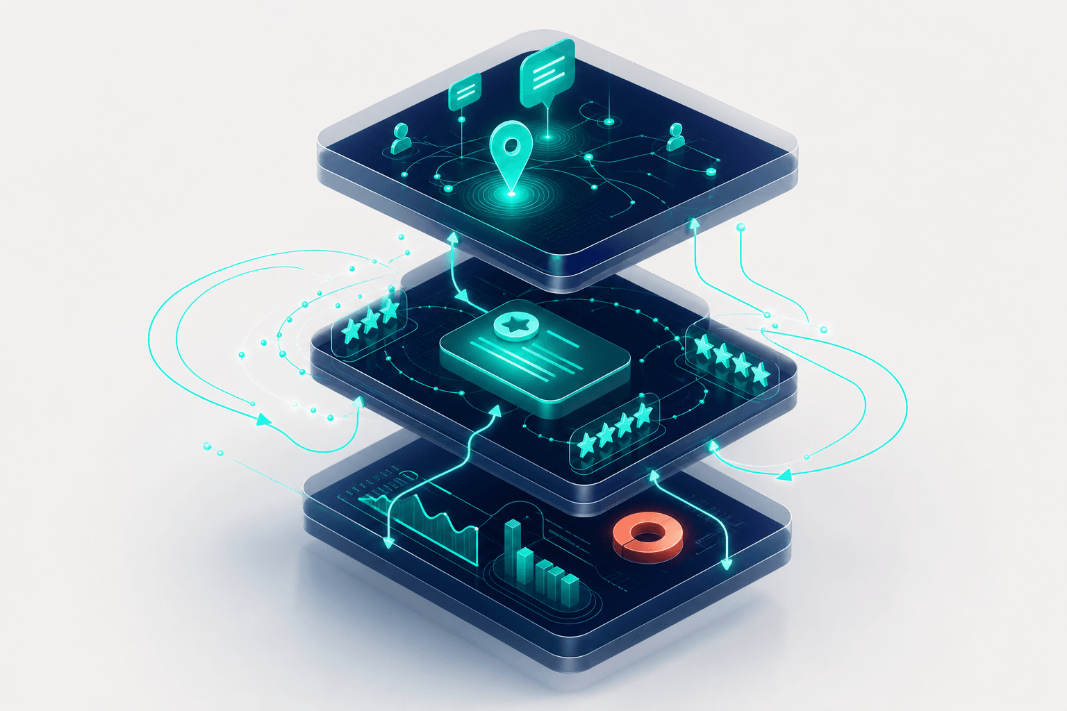 Isometric 3D visualization of three layered blocks showing brand mentions, direct citations, and sentiment analysis with teal connecting lines and floating review-star clusters on a soft off-white navy gradient background