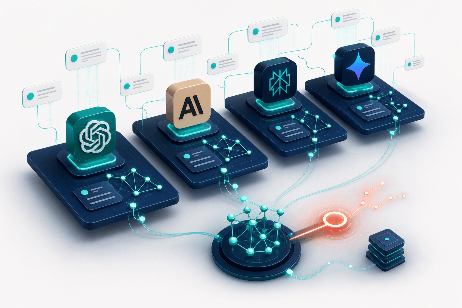 Floating multi-platform citation dashboard with stylized engine cards for ChatGPT, Claude, Perplexity, and Gemini connected by teal knowledge-graph lines on a soft navy off-white background
