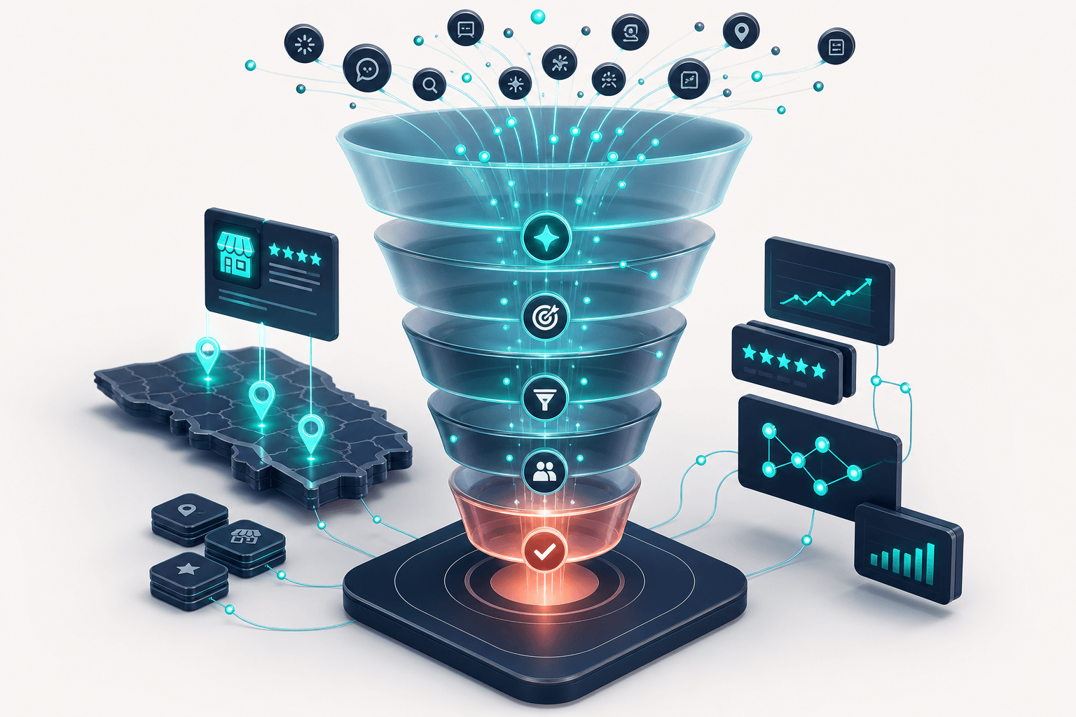 Layered 3D funnel showing AI-referred traffic flowing into high-quality pipeline metrics, with glowing teal conversion nodes and quality indicators floating above a deep navy base