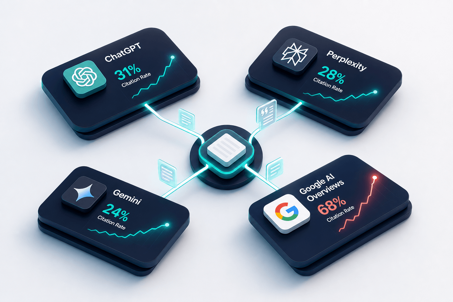 Isometric 3D visualization of citation rate tracking across AI platforms, with stylized floating cards for ChatGPT, Perplexity, Gemini, and Google AI Overviews showing glowing teal citation percentages and upward trend arrows on a navy gradient