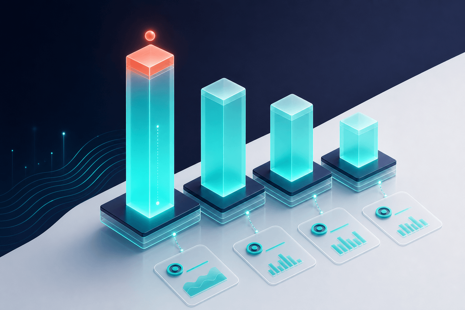 Conceptual 3D bar comparison of brand share of voice in AI responses, with floating translucent blocks for a primary brand and three competitors, teal highlighting the leading position against a navy background