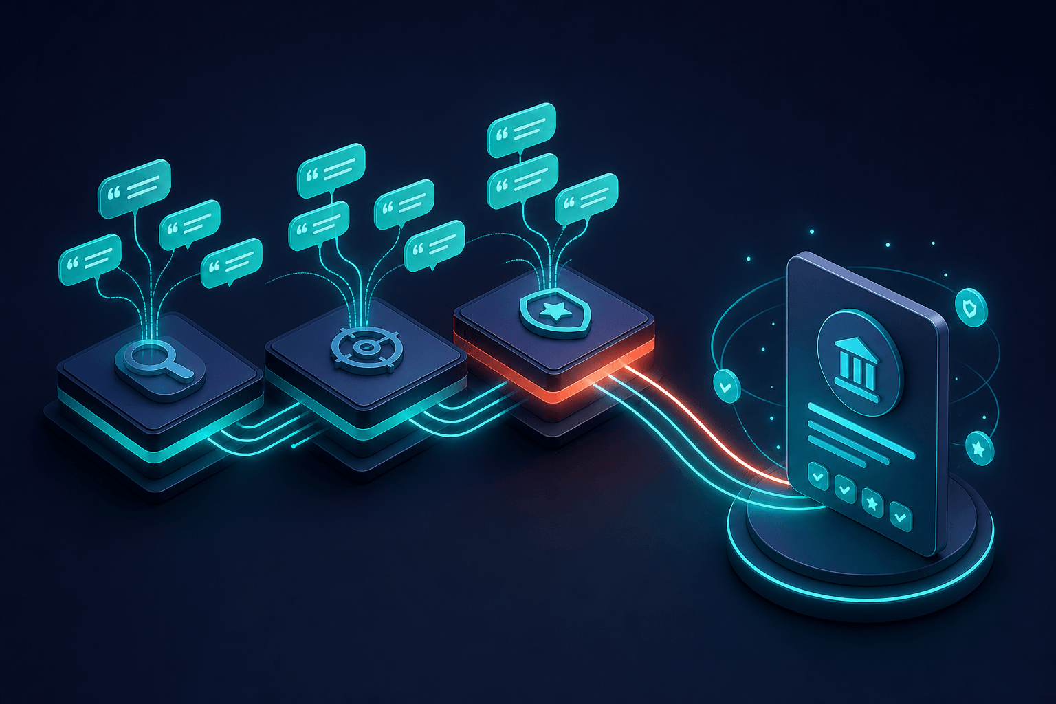 Isometric 3D visualization of multiple AI retrieval pipelines as layered translucent blocks with citation flows connecting to a central verifiable author source card, deep navy background with teal highlights and one coral emphasis on Perplexity-style numbered citations