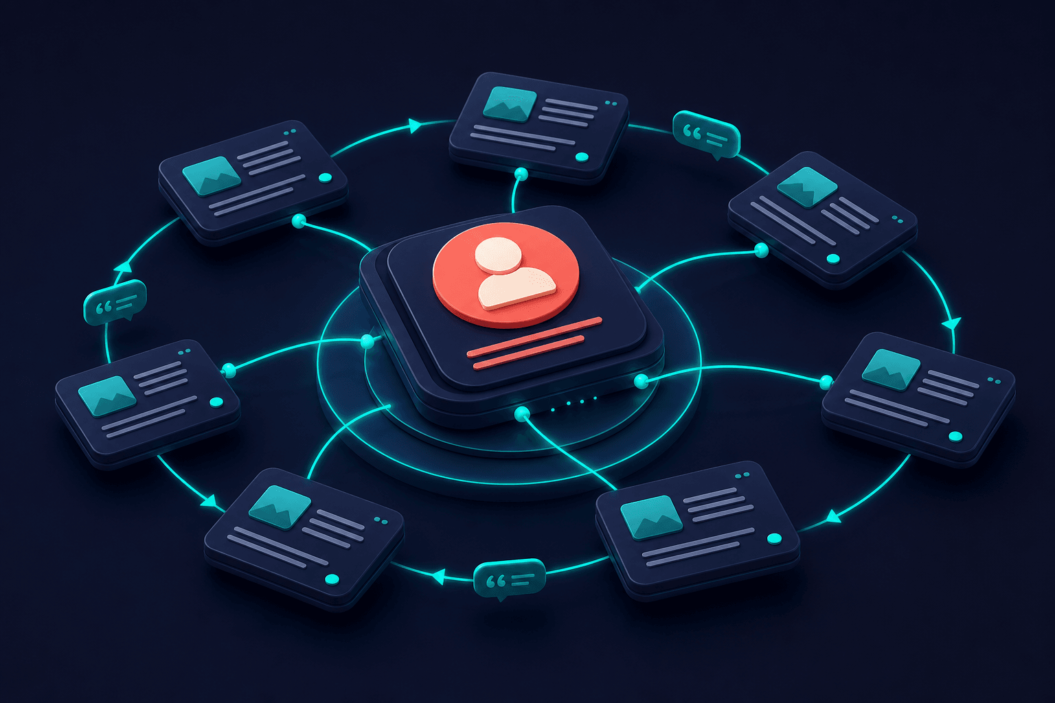 Isometric 3D content cluster diagram with interconnected article nodes orbiting a central author entity hub, teal growth arcs and citation links, deep navy background with soft coral emphasis on the strongest topical connection