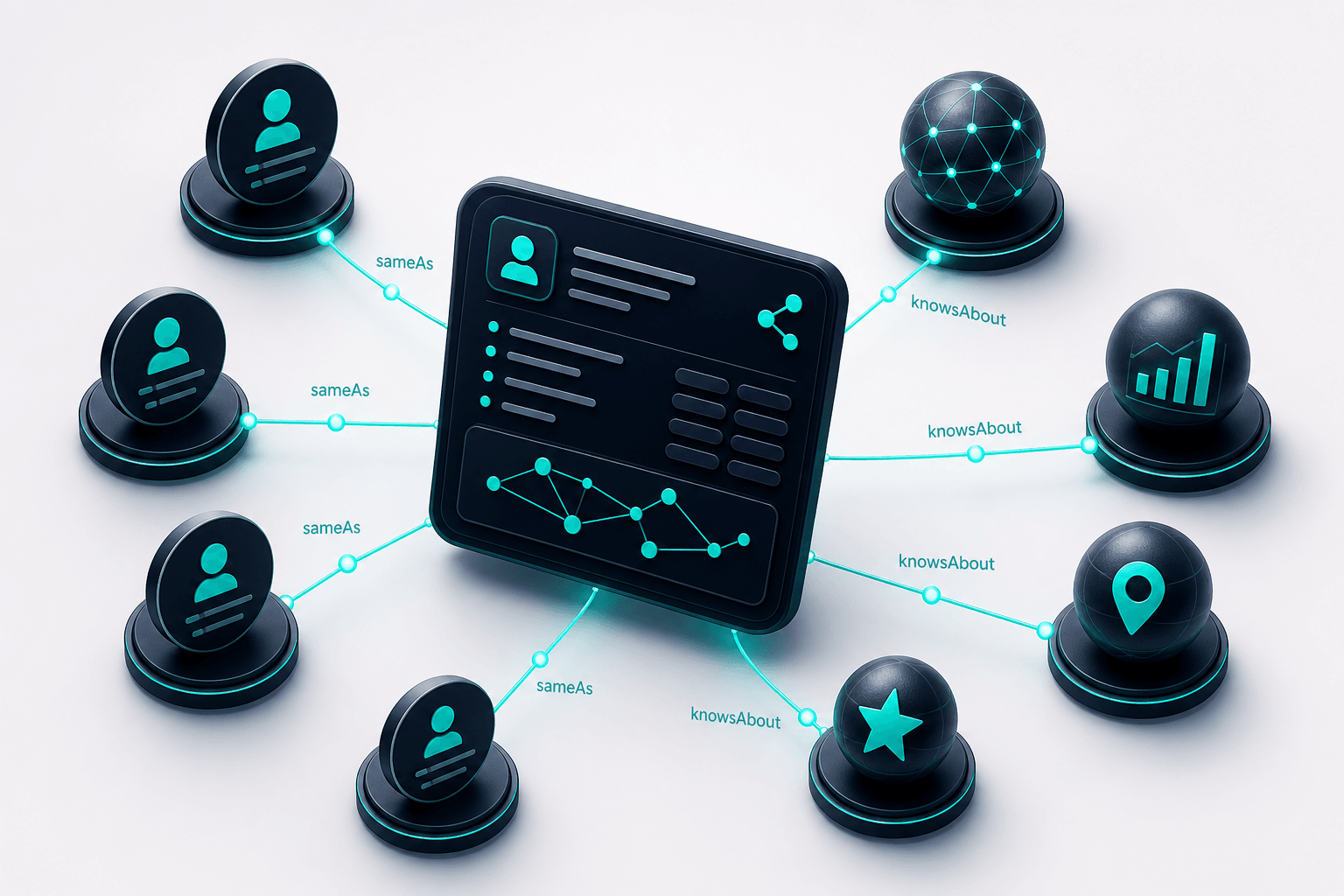 Floating 3D Person schema entity with sameAs profile links and knowsAbout topic nodes orbiting a central author card, rendered in clean isometric style against soft off-white to navy gradient with bright teal accents