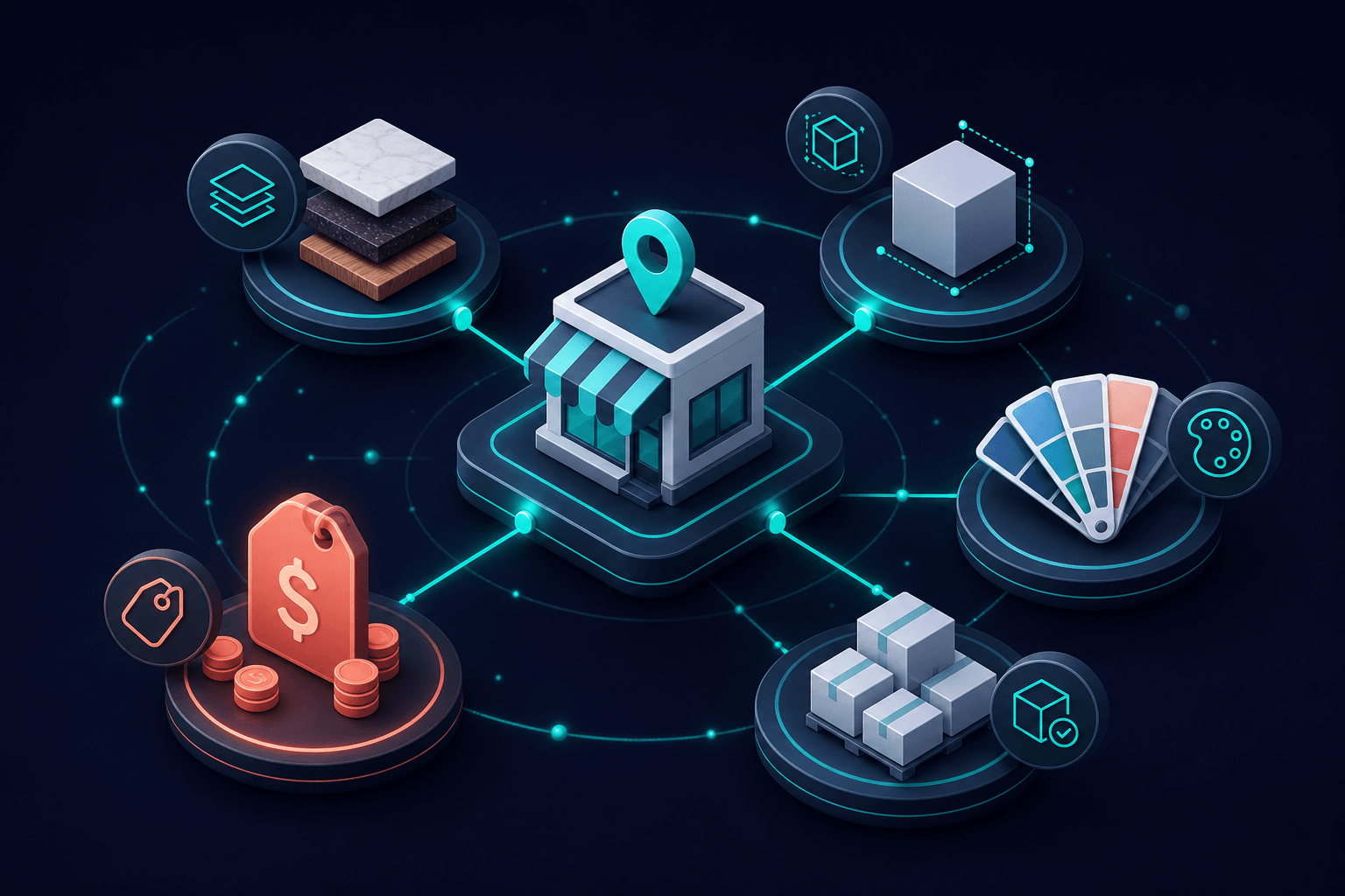 Isometric 3D knowledge graph of product attributes with floating material, size, color, and price nodes orbiting a central storefront icon, teal highlights on navy background