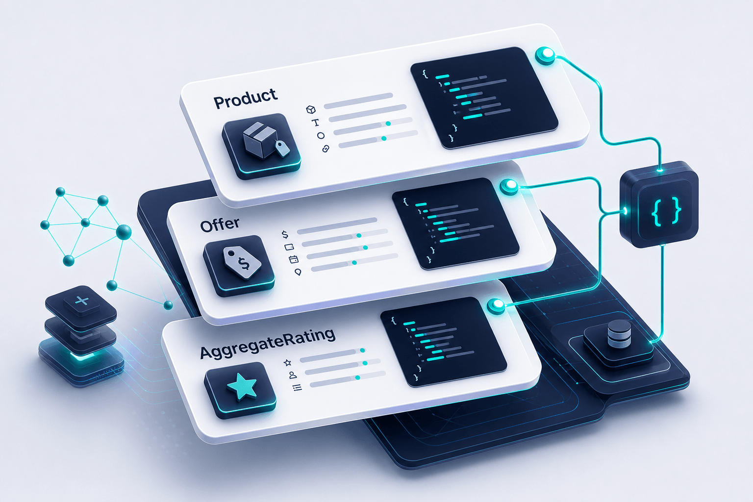 Floating 3D JSON-LD schema cards with highlighted Product, Offer, and AggregateRating sections, teal highlights and soft shadows on cool off-white background