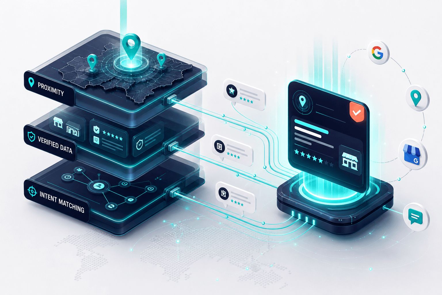 Conceptual 3D isometric diagram showing AI engines processing local intent queries: location signals, verified service data, and proximity indicators flowing into a central answer card on a soft off-white and navy gradient background