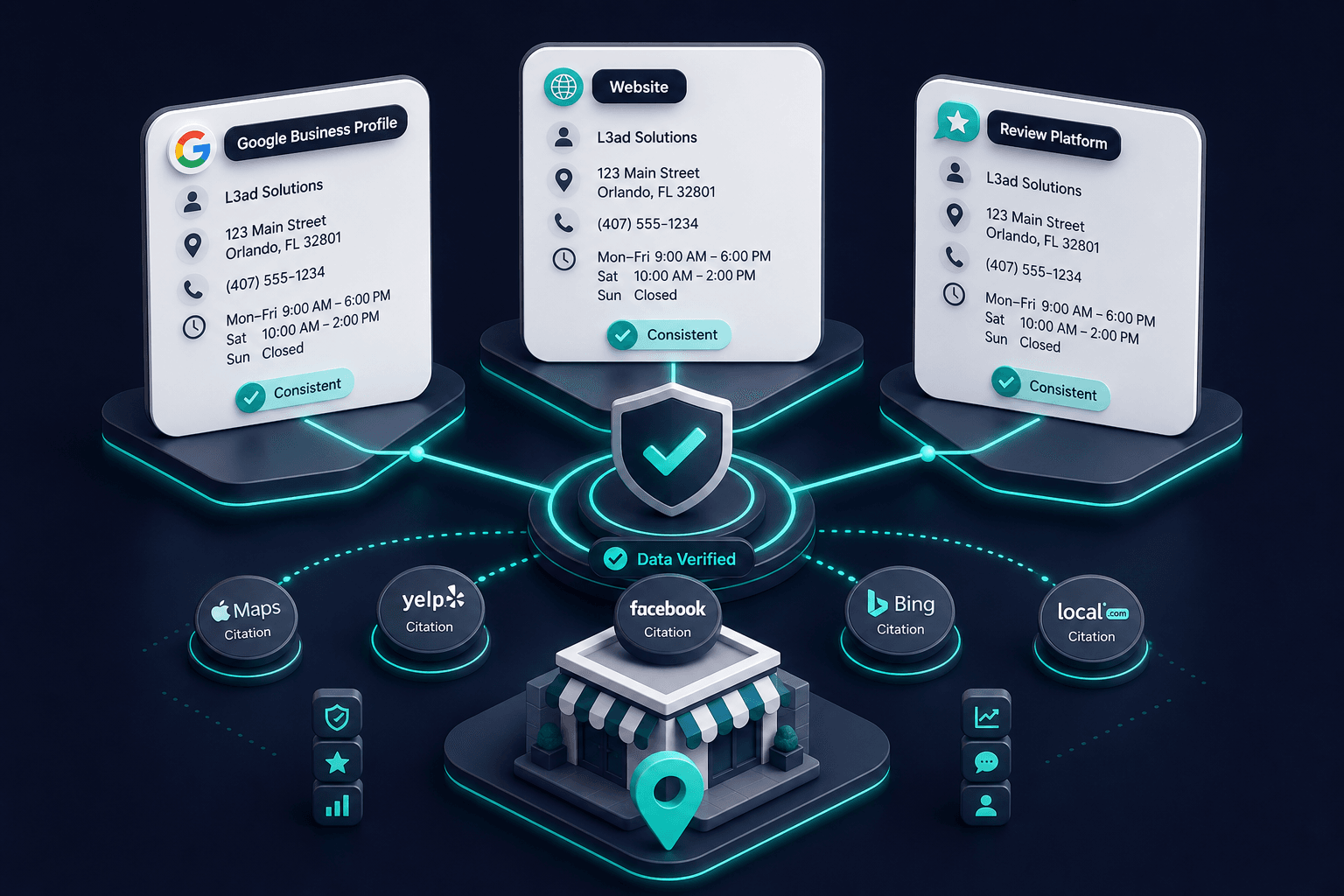 Floating 3D network of consistent NAP data nodes: Google Business Profile card, website card, and review platform card linked by glowing teal verification lines with matching address and hours details on deep navy background