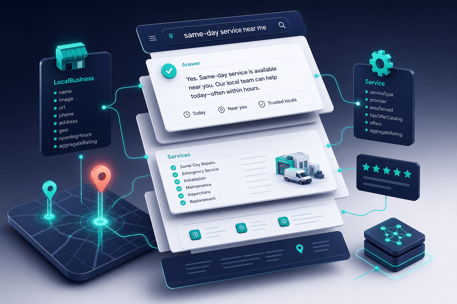 Isometric 3D visualization of question-led service pages: a central page block titled with a customer question, short direct answer, and supporting service details floating in layered depth with teal schema nodes and ranking sparklines