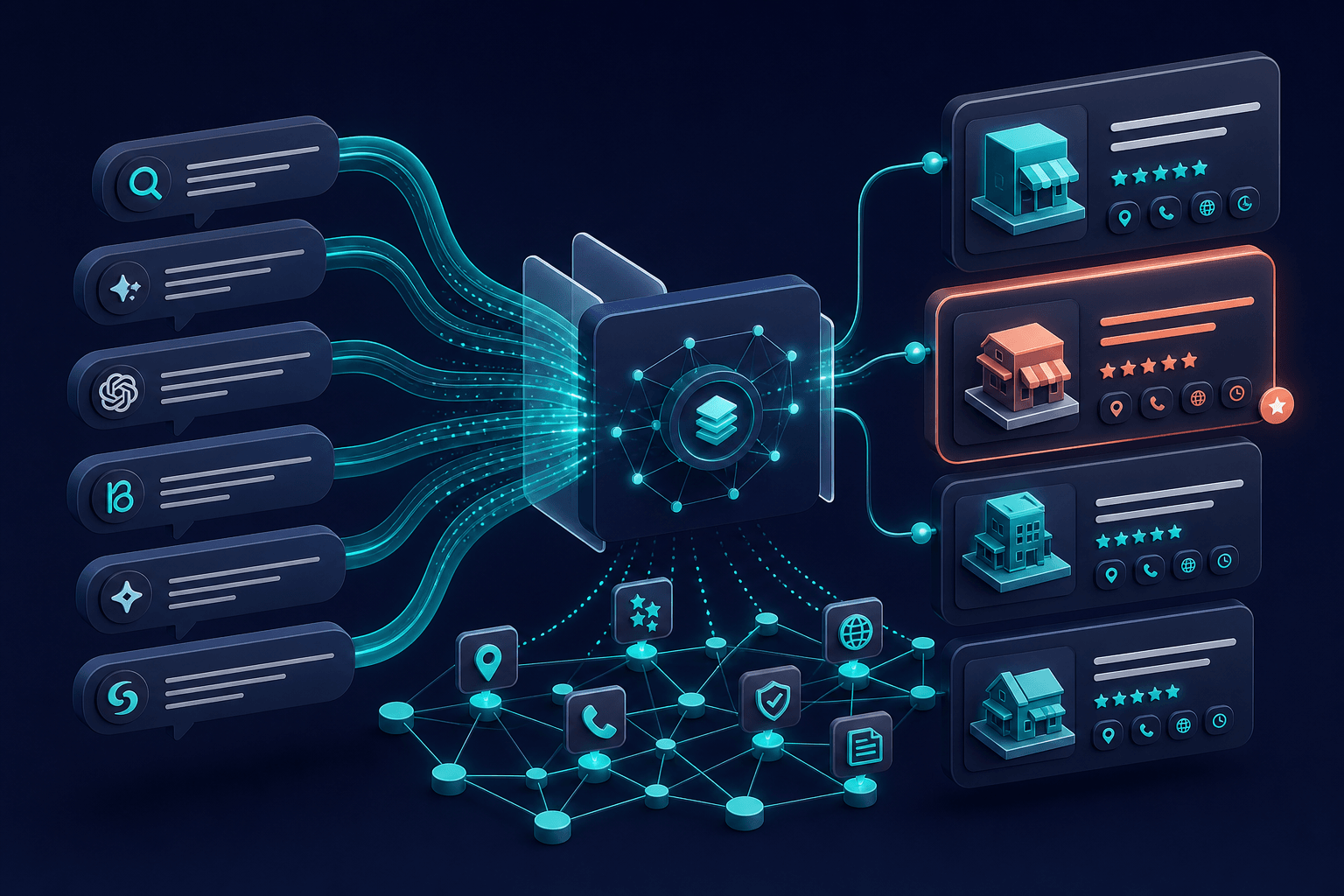 Isometric 3D visualization of long conversational query flows transforming into structured entity cards with teal retrieval arrows on a soft off-white background