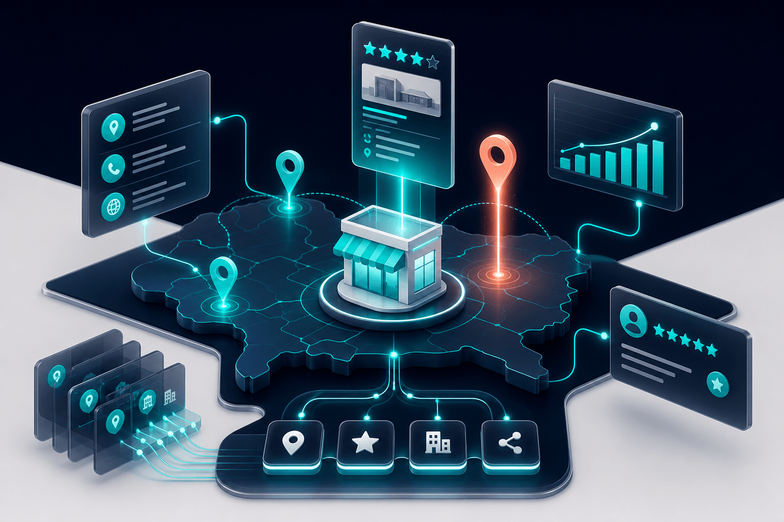 Floating 3D entity network with connected nodes representing people, places, services and locations, teal relationship lines on deep navy gradient background