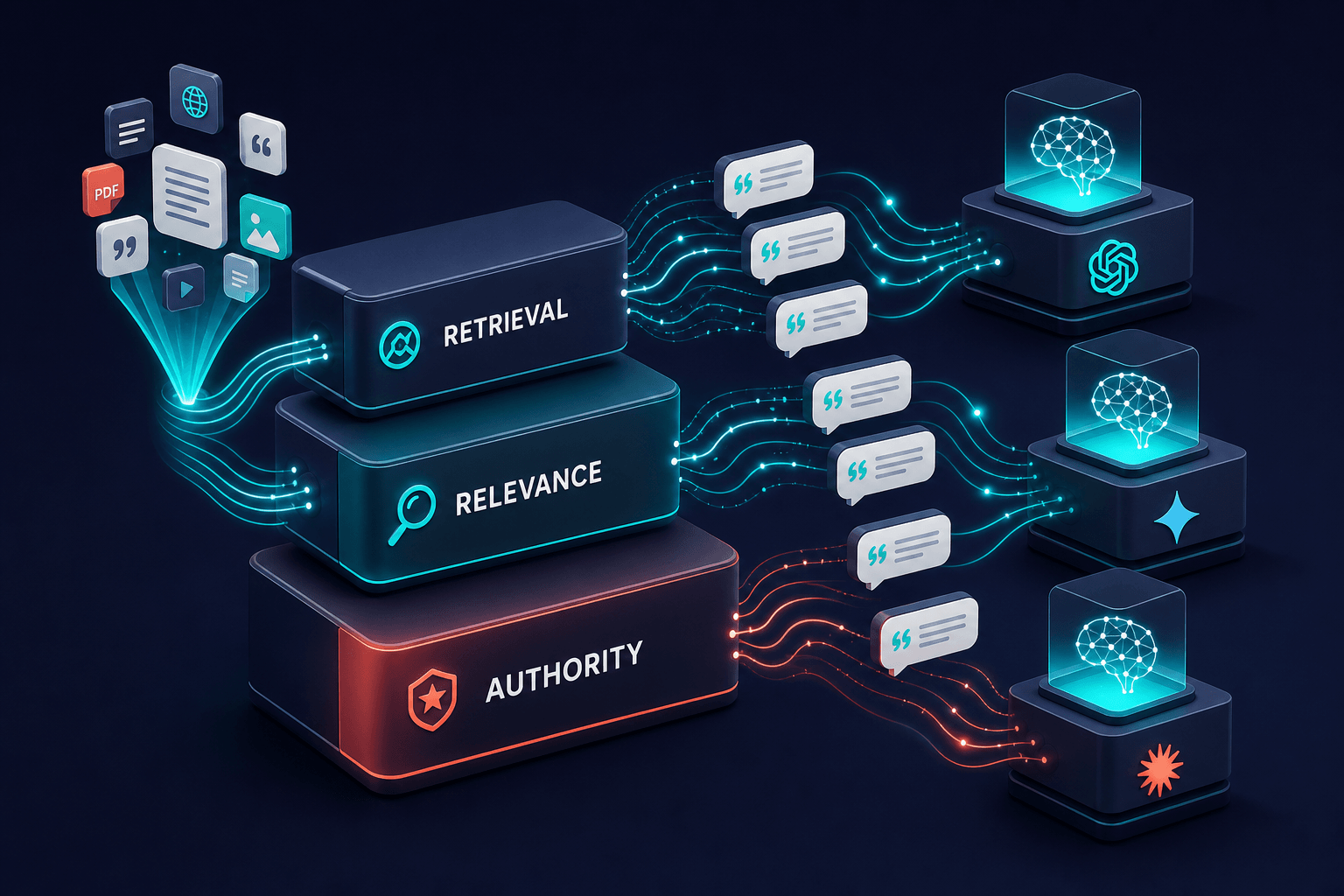 Layered 3D pipeline blocks labeled Retrieval, Relevance and Authority with citation bubbles flowing between ChatGPT, Perplexity and Claude pathways, teal highlights