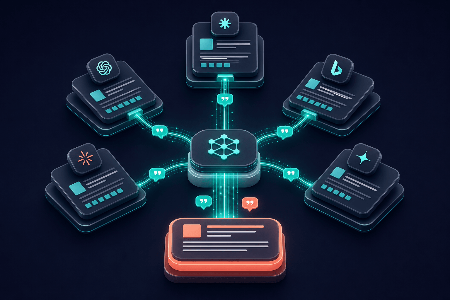 Floating 3D knowledge graph showing AI snippet synthesis: multiple source cards connected by glowing retrieval lines into a central generated paragraph with inline citation badges, layered depth with teal highlights on active connections against a navy gradient background