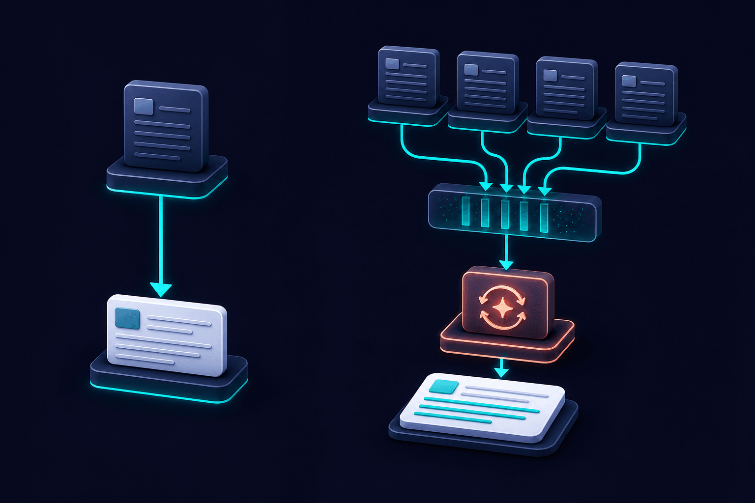 Side-by-side 3D conceptual diagram contrasting copy-and-display extraction on the left with retrieve-then-rewrite synthesis on the right, using layered translucent blocks, flowing arrows, and citation nodes in teal and coral against deep navy and light-gray space